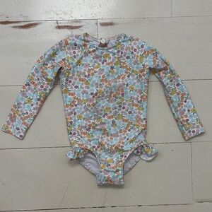 Kids Long-Sleeve Floral One-Piece Swimsuit - White with Yellow & Pink Floral